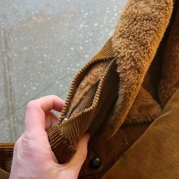 Vintage 70s Tan Corduroy Sherpa Lined Belted Winter Jacket Parka Coat Size 36